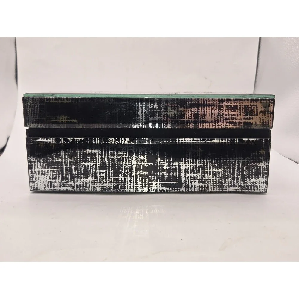 Vintage Glam Speckled Glass Trinket Box Beveled Panels Jewelry Box Silver Black